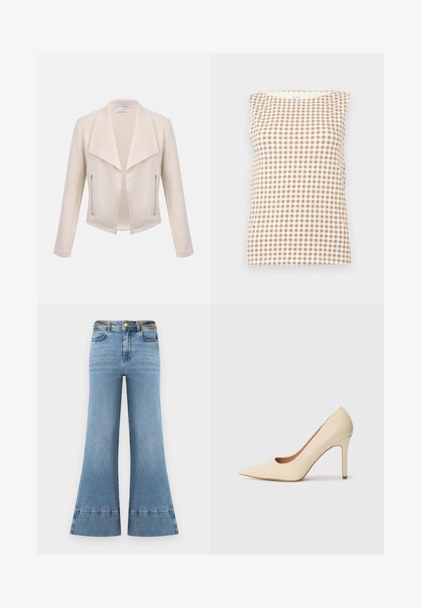 Veste femme couleur crème avec larges revers, devant ouvert, manches longues et deux poches zippées verticales sur les côtés avant.; Haut sans manches à carreaux vichy beige et blanc avec un col rond, présenté à plat sur un fond gris clair.; Jean évasé en denim bleu clair avec une taille haute, orné d'une chaîne dorée sur la ceinture et d'une couture contrastante à l'ourlet.; Escarpin en cuir beige à talon haut avec un bout pointu et un détail découpé sur le côté, possédant un talon stiletto fin pour le soutien.