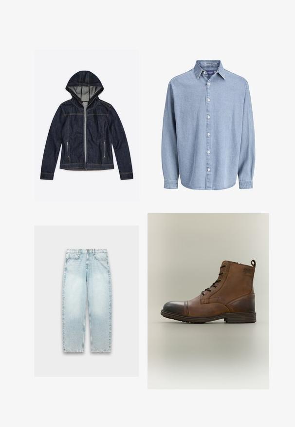 Mørkeblå denimjakke med hætte, forrest lynlås og to lynlåslommer i siderne, med kontrastsyninger og lange ærmer.; Lysblå denim skjorte med lange ærmer og knapper, med krave og hvide knapper, præsenteret mod en helt hvid baggrund.; Lyseblå denimjeans med løs pasform, lige ben, falmet tekstur, fem-lomme design og metalknaplukning i taljen.; Brun læderstøvle med snørebånd, sort tåhætte, rund sål og mærket detalje på siden mod ensfarvet baggrund.