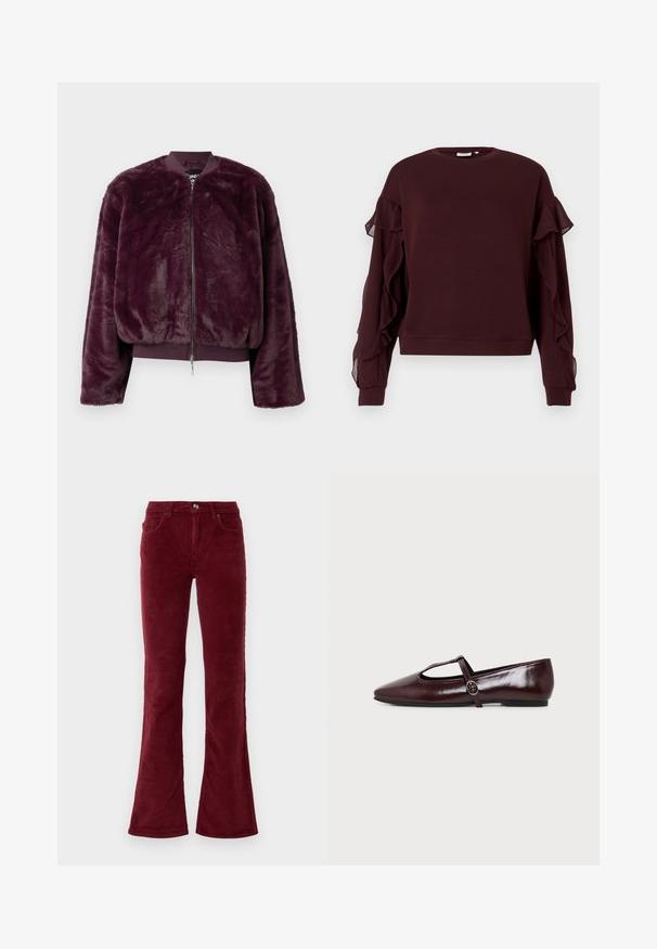 Veste bomber en fausse fourrure violet profond avec fermeture éclair à l'avant, poignets et ourlet côtelés. Texture douce avec une coupe décontractée et sans motifs visibles.; Sweatshirt long noir bordeaux à manches longues avec des détails en ruffles transparents le long des manches et des poignets et un ourlet côtelés.; Pantalons en velours côtelé bourgogne évasés avec poches avant, passants de ceinture et fermeture à bouton sur fond blanc.; Chaussure plate en cuir bordeaux foncé avec un bout pointu et une fine bride en T avec une boucle argentée sur fond blanc.