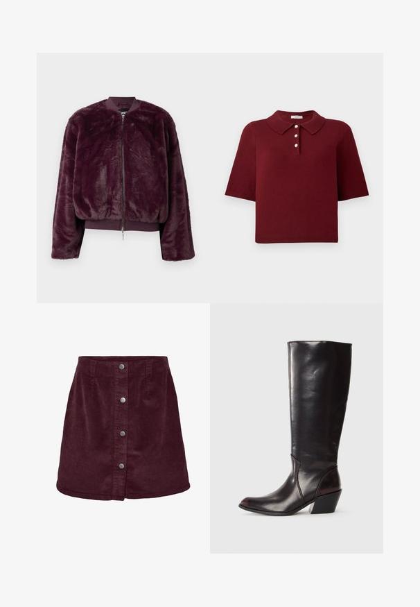 Veste bomber en fausse fourrure violet profond avec fermeture éclair à l'avant, poignets et ourlet côtelés. Texture douce avec une coupe décontractée et sans motifs visibles.; Polo en maille bourgogne avec manches courtes, col classique et patte de boutonnage à quatre boutons ronds blancs.; Jupe mini en velours côtelé bordeaux avec une forme évasée, dotée de cinq boutons argentés sur le devant et d'une texture côtelée subtile.; Botte en cuir brun foncé, à hauteur de genou, avec un bout pointu, un talon bloc angulaire et une texture lisse et brillante. Présente un design épuré et des détails de couture.