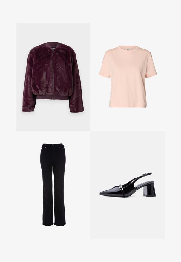 Faux fur bomberjakke i dyb lilla med lynlås foran, ribbede manchetter og søm. Blød tekstur med en afslappet pasform og ingen synlige mønstre.; Lyserød kortærmet cropped t-shirt med rund halsudskæring og lille label indeni kraven.; Sorte bukser med højt liv og lige ben med knap- og lynlåslukning, bæltestropper og forlommer.; Sort laklæder slingback-hæl med spids tå, lav blokhæl og to små sølvspænder på stropperne.