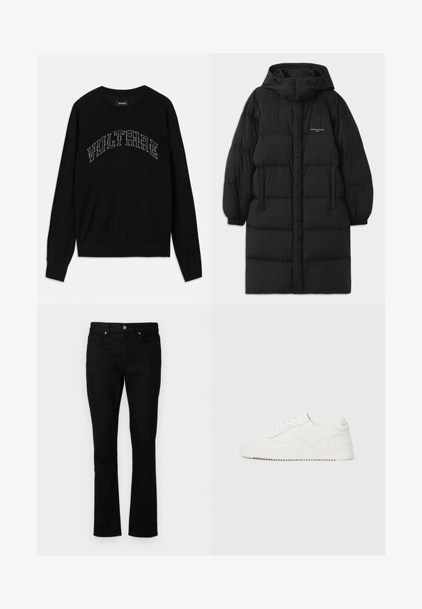 Sort puffjakke med hætte, der har et quiltet design og elastiske manchetter. Forsiden inkluderer sidelommer og en lille logo detalje.; Sort sweater med rund hals og lange ærmer. "VOLTAIRE" i kontrasterende syning hen over brystet. Blød tekstur og tætsiddende design.; Sorte denim jeans med lige ben, der har en mid-rise talje, fem lommer og metalhardware detaljer. Glat tekstur.; Hvid lavskoet lædersneaker med snørelukning, tekstureret hælkappe og let rillede hvide gummisål på en ensfarvet lys baggrund.