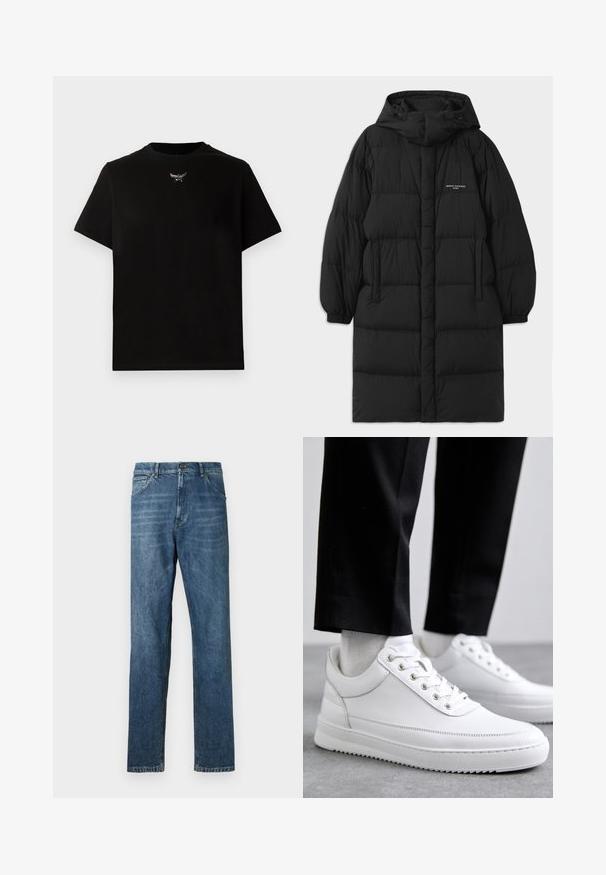 Schwarze Daunenjacke mit Kapuze, ausgestattet mit einem gesteppte Design und elastischen Bündchen. Die Vorderseite enthält Seitentaschen und ein kleines Logodetail.; Schwarzes Baumwoll-T-Shirt mit kurzen Ärmeln, Rundhalsausschnitt und einem silbernen Logo-Detail auf der Brust. Glatte Textur und lockere Passform.; Dunkelblaue Denim-Jeans, gerades Bein-Design, Fünf-Taschen-Stil, sichtbare Nähte und ein klassischer Knopfverschluss. Leichter Waschungseffekt auf dem Stoff.; Weiße Leder-Sneaker mit flacher Gummisohle, ausgestattet mit einer glatten Oberfläche, runder Zehenpartie und Metallösen für die Schnürsenkel. Getragen mit schwarzen Hosen.