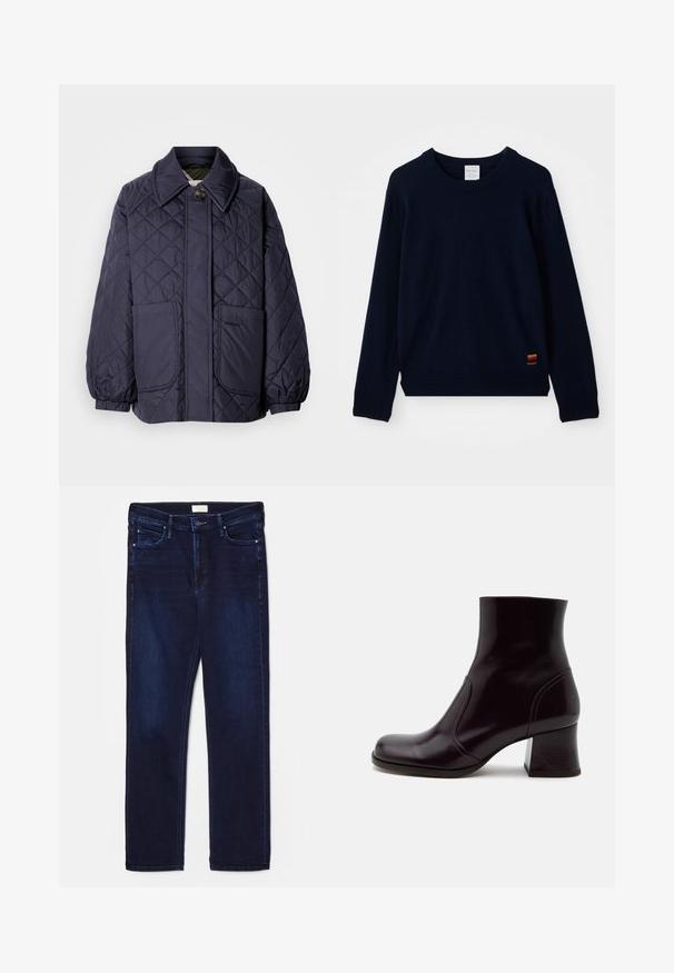 Donkerblauwe doorgestikte jas met een grote kraag, twee voorkanten zakken en een knoopsluiting. Gemaakt van een glad, lichtgewicht materiaal.; Marineblauwe langarm crewneck sweater met geribde manchetten en zoom, voorzien van een klein patch met meerkleurige strepen nabij de onderkant.; Donkerblauwe spijkerbroek met slim fit, vijf zakken, stikselaccenten en rechte pijpen. Voorzien van een knoop- en ritssluiting.; Glanzende donkerbruine enkellaars met blokhak, ronde neus en gladleren afwerking, getoond in zijprofiel op witte achtergrond.