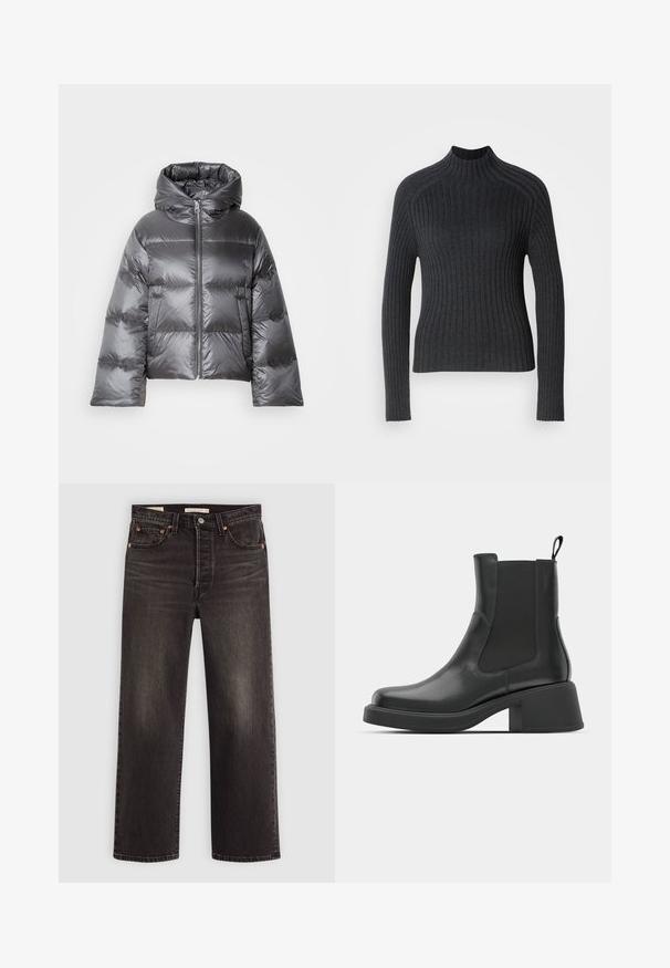 Steppjacke in glänzendem Dunkelgrau. Sie verfügt über einen Reißverschluss vorne, eine Kapuze und eine übergroße Form mit horizontalen Steppnähten und großen Taschen.; Dunkelgrauer, gerippter Pullover mit langen Ärmeln und hohem Kragen, der sich durch eine körpernahe Passform und eine subtile Textur auszeichnet.; Schwarze Jeans aus Denim mit geradem Bein. Verfügt über kupferne Nieten und Taschen. Glatte Textur und leicht verwaschene Optik.; Schwarze Leder-Stiefeletten mit elastischen Seitenpanelen, abgerundetem Zehenbereich und einem klobigen Blockabsatz. Glatte Textur mit einem minimalistischen Design.