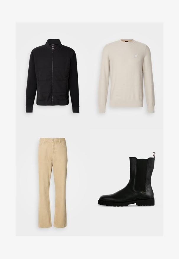 Veste bomber noire avec un torse rembourré, des manches unies, des poignets côtelés et une fermeture éclair à l'avant. Le matériau combine des mélanges synthétiques et de coton.; Pull beige clair en tissu texturé. Présente un col rond, des manches longues et un petit logo carré sur la poitrine.; Pantalons en velours côtelé beige évasés avec une fermeture à bouton et à fermeture éclair, comportant cinq poches et des coutures visibles le long des jambes. Texture lisse.; Bottine en cuir noir avec un panneau latéral élastique, une semelle épaisse et une languette à l’arrière, featuring un petit logo doré "Hugo" près du talon.