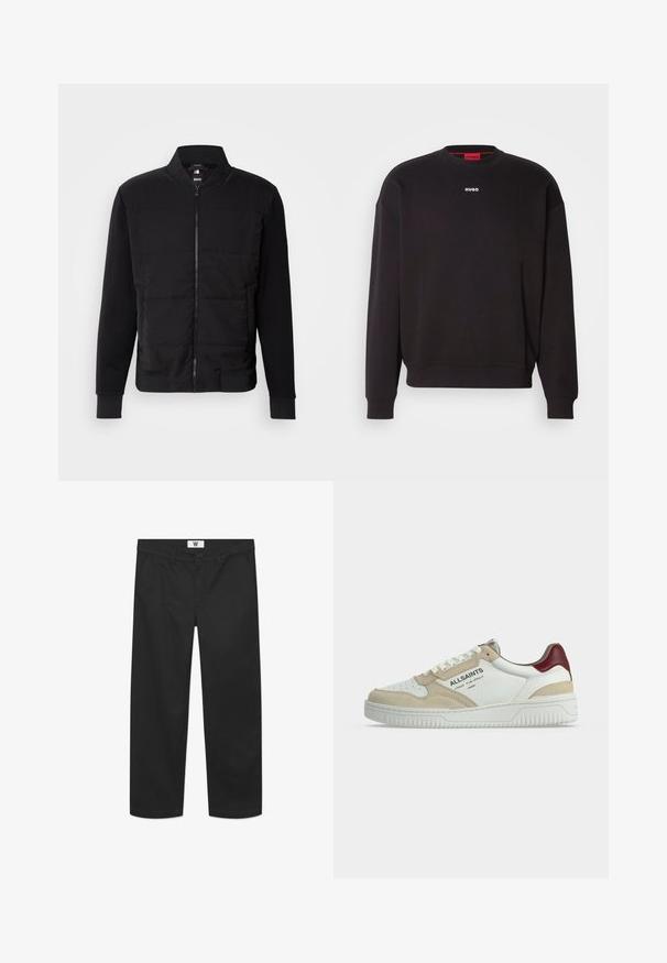 Schwarze Bomberjacke mit gepolstertem Oberkörper, festen Ärmeln, gerippten Bündchen und einem Frontreißverschluss. Material aus einer Mischung von synthetischen Stoffen und Baumwolle.; Schwarzes Sweatshirt aus Baumwollmischung mit Rundhalsausschnitt, überschnittenen Schultern und einem kleinen weißen "HUGO"-Logo auf der Brust.; Schwarze Chinos aus glattem Baumwollstoff. Verfügt über einen Knopfverschluss, Fronttaschen und ein gerades Bein-Design mit sauberen Kanten.; Low-Top-Sneaker in Weiß mit beigen Wildleder-Akzenten, rotem Fersenlasche, weißer Sohle und "ALLSAINTS" Branding an der Seite.