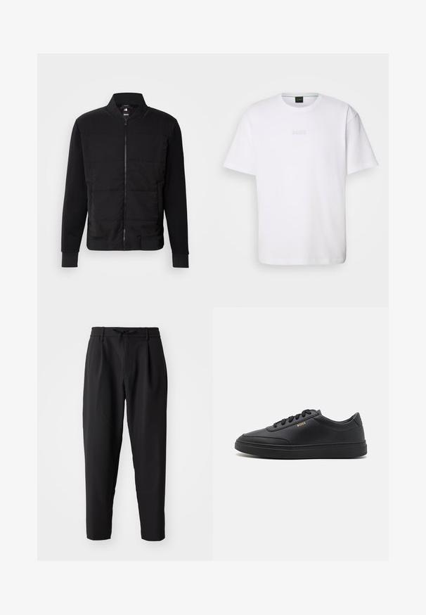 Sort bomberjakke med polstret torso, ensfarvede ærmer, ribbede manchetter og lynlås foran. Materialet er en blanding af syntetiske fibre og bomuld.; Hvid bomulds T-shirt med korte ærmer, rund halsudskæring og præget "BOSS" logo på brystet. Glat tekstur, standard pasform.; Sorte tapered bukser med elastisk talje og snor. Glat stof med en let tekstur, udstyret med læg og sidelommer.; Sorte lædersneakers med en glat overflade, rund tå, flad gummisål og tonede snørebånd. Udstyret med guld "BOSS" branding på siden.