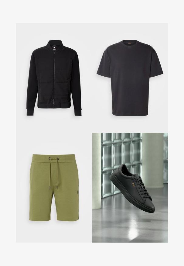 Veste bomber noire avec un torse rembourré, des manches unies, des poignets côtelés et une fermeture éclair à l'avant. Le matériau combine des mélanges synthétiques et de coton.; T-shirt noir à manches courtes en coton, avec un col rond et un logo discret au niveau du col. Texture lisse avec une coupe décontractée.; Shorts vert olive en tissu doux. Dotés d'une taille élastique avec cordon de serrage, de poches latérales et d'un petit logo sur le côté.; Baskets basses en cuir noir avec lacets noirs et logo BOSS doré sur le côté, flottant au-dessus d’un sol gris brillant dans un espace intérieur moderne.