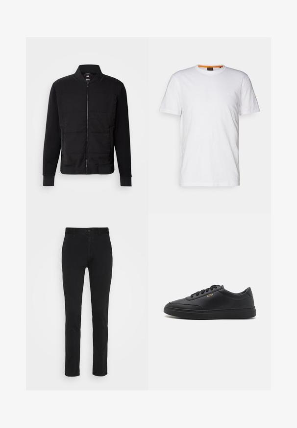 Sort bomberjakke med polstret torso, ensfarvede ærmer, ribbede manchetter og lynlås foran. Materialet er en blanding af syntetiske fibre og bomuld.; Hvid bomulds T-shirt med rund hals, korte ærmer og et subtilt præget logo på brystet. Indvendigt mærke har en orange detalje.; Sorte bomulds chinos med slim fit, der har en standard talje, forlommer og en enkelt baglomme. Glat tekstur og minimal dekoration.; Sorte lædersneakers med en glat overflade, rund tå, flad gummisål og tonede snørebånd. Udstyret med guld "BOSS" branding på siden.