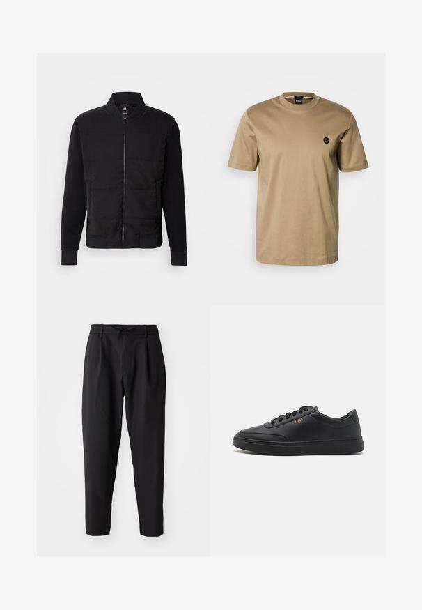 Sort bomberjakke med polstret torso, ensfarvede ærmer, ribbede manchetter og lynlås foran. Materialet er en blanding af syntetiske fibre og bomuld.; Tan kortærmet T-shirt lavet af bomuld, med rund hals og en lille sort logo på venstre bryst. Glat tekstur, afslappet pasform.; Sorte tapered bukser med elastisk talje og snor. Glat stof med en let tekstur, udstyret med læg og sidelommer.; Sorte lædersneakers med en glat overflade, rund tå, flad gummisål og tonede snørebånd. Udstyret med guld "BOSS" branding på siden.