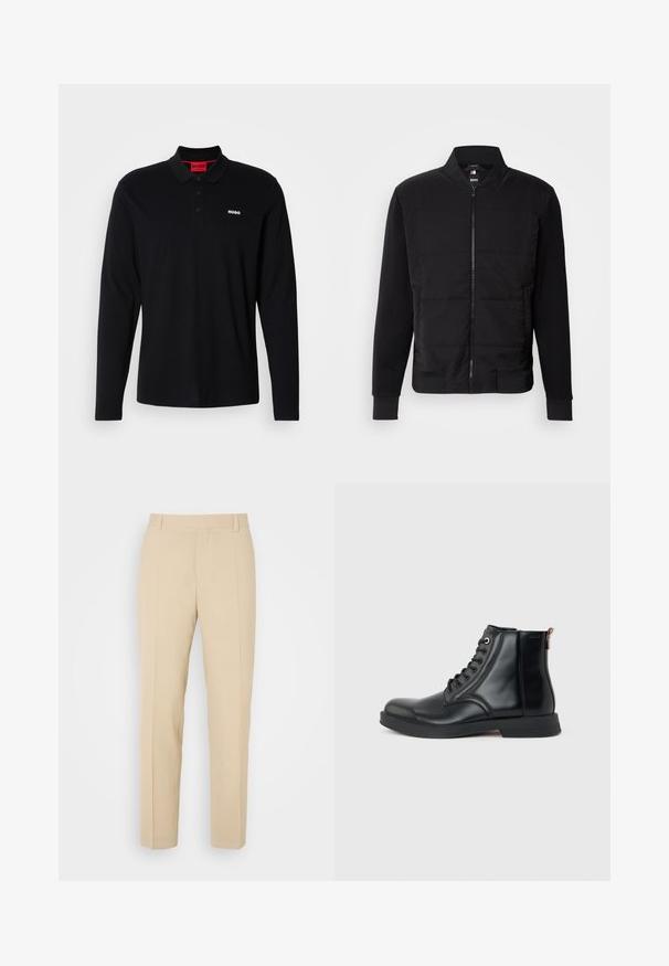 Schwarze Bomberjacke mit gepolstertem Oberkörper, festen Ärmeln, gerippten Bündchen und einem Frontreißverschluss. Material aus einer Mischung von synthetischen Stoffen und Baumwolle.; Schwarzes Longsleeve-Polohemd aus Baumwolle mit rotem Kragen und Drei-Knopf-Leiste, ausgestattet mit einem weißen "HUGO"-Logo auf der Brust.; Beige maßgeschneiderte Hosen mit geradem Bein, aus leichtem Stoff, mit zwei vorderen Taschen und ordentlich gebügelten Falten.; Schwarzer Leder-Stiefel bis zum Knöchel mit Schnürung vorne, rundem Zeh, flacher Sohle und Zuglasche hinten vor schlichtem hellgrauem Hintergrund.