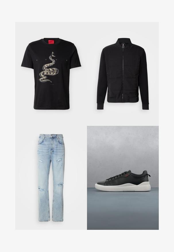 Μαύρα bomber jacket με επενδυμένο κορμό, ενιαία μανίκια, ριμπ μανσέτες και μπροστινό φερμουάρ. Το υλικό συνδυάζει συνθετικές και βαμβακερές ίνες.; Μαύρο κοντομάνικο t-shirt με γραφικό ενός φιδιού σε σπείρα και το κείμενο "HUGO" διασκορπισμένο στο στήθος κάτω από την ετικέτα του γιακά.; Ανοιχτού μπλε τζιν παντελόνι με άνετη εφαρμογή, που διαθέτει φθαρμένα σημεία και σκισμένες άκρες. Το ύφασμα έχει μαλακή, λεία υφή.; Μαύρο αθλητικό παπούτσι από λείο δέρμα, με γκρι υφασμάτινη σόλα, στρογγυλή μύτη και μαύρα κορδόνια. Υπάρχει ένα μικρό κόκκινο λογότυπο "HUGO".