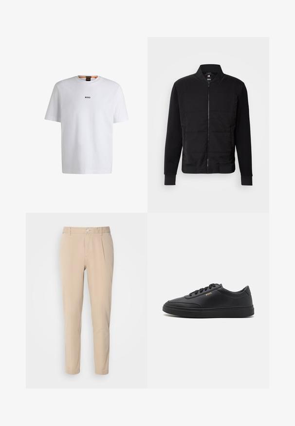 Veste bomber noire avec un torse rembourré, des manches unies, des poignets côtelés et une fermeture éclair à l'avant. Le matériau combine des mélanges synthétiques et de coton.; T-shirt en coton blanc à manches courtes, avec un logo noir "BOSS" centré sur la poitrine et un design à col rond.; Pantalon beige à coupe slim, fabriqué en tissu tissé. Équipé d'une fermeture à un bouton, d'un devant plissé et de jambes droites.; Baskets en cuir noir avec une texture lisse, bout rond, semelle en caoutchouc plate et lacets ton sur ton. Présente une marque "BOSS" dorée sur le côté.
