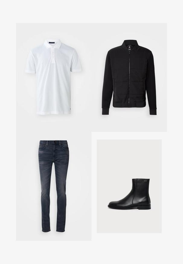 Veste bomber noire avec un torse rembourré, des manches unies, des poignets côtelés et une fermeture éclair à l'avant. Le matériau combine des mélanges synthétiques et de coton.; T-shirt polo blanc avec une texture douce, patte de boutonnage à trois boutons, col plat et manches courtes. Présente des coutures discrètes à l'ourlet.; Jean en denim délavé foncé avec une coupe slim, doté d'une fermeture à boutons, de cinq poches, et d'un délavage subtil. Design à jambes droites avec une texture lisse.; Bottine noire en cuir lisse avec petit talon et fermeture éclair latérale, étiquetée Hugo près du bord supérieur.