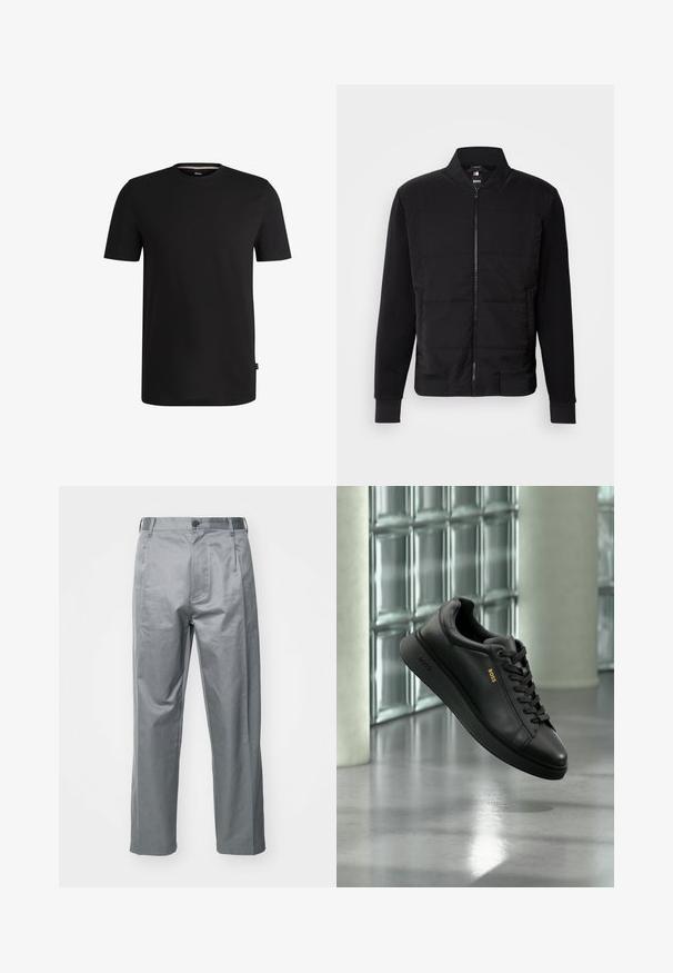 Sort bomberjakke med polstret torso, ensfarvede ærmer, ribbede manchetter og lynlås foran. Materialet er en blanding af syntetiske fibre og bomuld.; Sort kortærmet t-shirt lavet af glat bomuld med rund halsudskæring. Har et diskret mærke på venstre side nær kanten.; Grå bomuldsblandede bukser med lige ben-design, der har en frontknaplukning, bæltestropper og sidelommer.; Sort læder lavtop sneaker med snørebånd, guld "BOSS" logo på siden, vist svævende indendørs mod en glasblok og beton baggrund.
