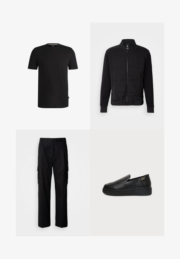 Veste bomber noire avec un torse rembourré, des manches unies, des poignets côtelés et une fermeture éclair à l'avant. Le matériau combine des mélanges synthétiques et de coton.; T-shirt noir à manches courtes en coton lisse avec un col rond. Présente une étiquette de marque discrète sur le côté gauche près de l'ourlet.; Pantalon cargo noir à coupe décontractée, avec poches latérales, fermeture par bouton, et tissu léger et lisse.; Chaussure noire en cuir à enfiler avec semelle épaisse et petits trous de ventilation latéraux, avec un logo doré "HUGO" près du talon.