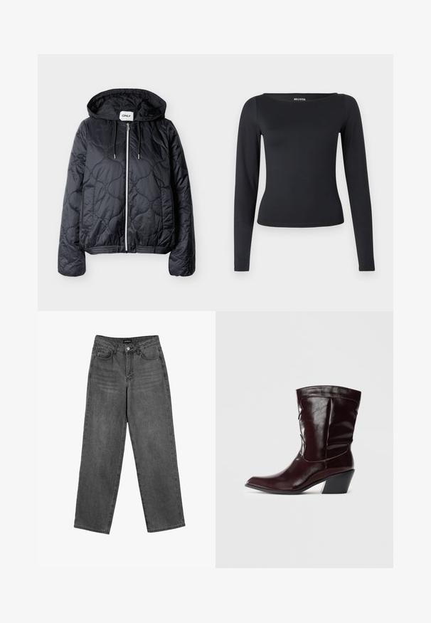 Veste noire matelassée avec capuche, fermeture à glissière sur le devant, deux poches latérales et cordons sur la capuche, étalée à plat sur un fond clair.; Haut noir à manches longues avec un col rond, en tissu extensible, présentant une silhouette ajustée et une texture lisse.; Jean droit noir taille haute avec bouton avant et poches, présenté sur un fond blanc.; Bottines en cuir bourgogne avec un bout pointu, une surface texturée et un petit talon effilé. Présente une couture discrète et un ajustement confortable.