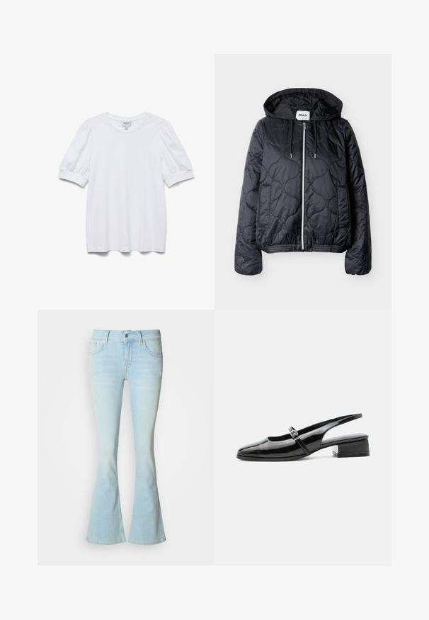 Chaqueta negra acolchada con capucha, cremallera frontal, dos bolsillos laterales y cordones en la capucha, extendida sobre un fondo claro.; Top blanco de manga corta con cuello redondo y mangas abullonadas. Hecho de una tela suave, presenta una etiqueta con la frase "AWARE".; Vaqueros acampanados de lavado claro en tejido vaquero con cintura alta, cierre frontal con botones y diseño de cinco bolsillos.; Zapato slingback de charol negro con tacón bajo y grueso y una fina correa con hebilla de plata en la parte superior.