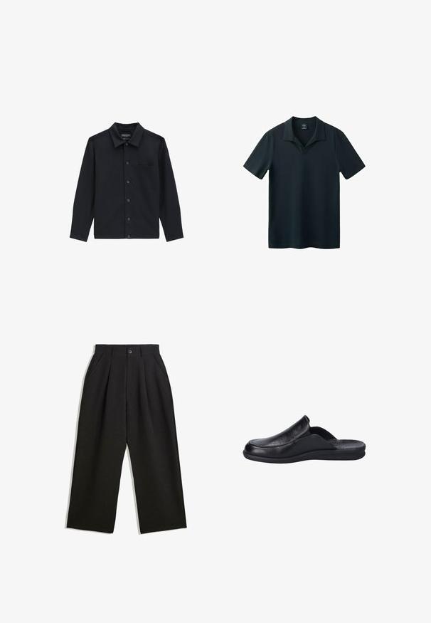 Schwarzes langärmliges Hemd mit Knopfleiste, spitzem Kragen und einer Brusttasche, flach auf einem weißen Hintergrund ausgebreitet.; Schwarzes Polohemd mit kurzen Ärmeln, offenem Kragen und ohne sichtbare Knöpfe, dargestellt vor einem weißen Hintergrund.; Schwarze Hose mit lockerem Schnitt, mit Falten an der Vorderseite, Seitentaschen und einem Knopfverschluss. Hergestellt aus strukturiertem Stoff.; Schwarzer Slipper aus Leder mit glatter Oberfläche, runder Zehenpartie und flexibler Gummisohle. Minimalistisches Design ohne Beschläge.