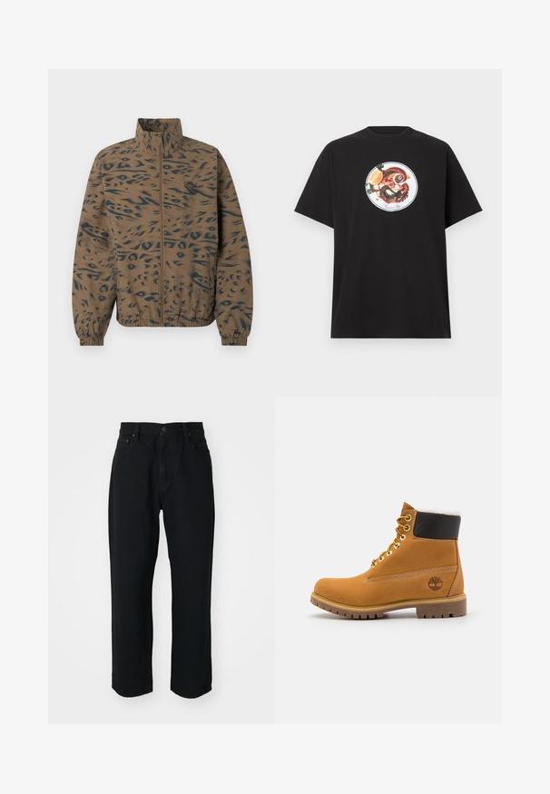 Bruine jas met ritssluiting, zwarte abstracte dierenprint, elastische manchetten en zoom, en een klein logo aan de linkerkant van de borst.; Zwart katoenen T-shirt met een ronde afbeelding van een octopus en citrusvruchten, met groene accenten. Korte mouwen en een losse pasvorm.; Zwarte denim jeans met een rechte snit, lichte textuur, vijf zakken en een knoopsluiting in de taille.; Bruine leren enkellaars met metalen oogjes, witte faux bont voering, zwarte gewatteerde kraag, robuuste zool en een reliëflogo aan de zijkant.