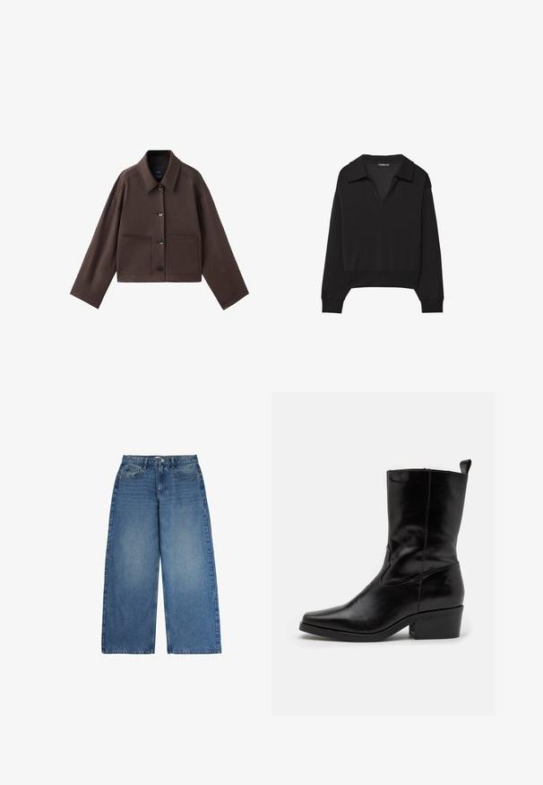 Braune, kurz geschnittene Jacke mit klassischem Kragen, großen Fronttaschen und Knopfverschluss. Hergestellt aus einem glatten Stoff mit minimalen Nähten.; Schwarzer, verkürzter Sweatshirt mit V-Ausschnitt und großem Kragen. Hergestellt aus einem glatten Stoff, mit langen Ärmeln und einem figurnahen Bund.; Weiße Jeans mit weitem Bein aus hellblauem Denim, mit hoher Taille, Fünf-Taschen-Design und distressed Textur. Klassische Nähte sichtbar.; Schwarze Lederstiefelette mit spitzer Zehe, niedrigem Blockabsatz und genähten Details. Verfügt über seitliche elastische Einsätze für ein leichtes Anziehen.