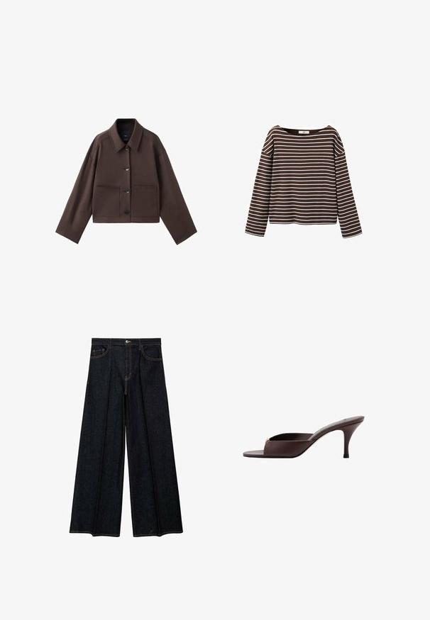 Brun, cropped jakke med spread krave, store frontlommer og knaplukning. Lavet af et glat stof med minimale syninger.; Brun langærmet skjorte med hvide vandrette striber og en bred rund halsudskæring, vist mod en hvid baggrund.; Vide ben jeans i mørkt denim med høj talje, frontlommer og kontrastfarvet syning. Glat tekstur med en skræddersyet finish.; Mørkebrun mule med åben tå, lav buet hæl og bred rem foran.