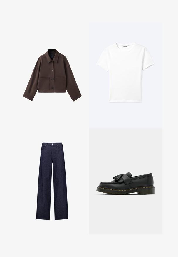 Braune, kurz geschnittene Jacke mit klassischem Kragen, großen Fronttaschen und Knopfverschluss. Hergestellt aus einem glatten Stoff mit minimalen Nähten.; Einfaches weißes T-Shirt mit kurzen Ärmeln und Rundhalsausschnitt sowie kleinem "WEEKDAY"-Etikett im Nacken, flach auf einem hellen Hintergrund präsentiert.; Weite Jeanshose mit einem dunkelblauen und weißen vertikalen Streifenmuster, ausgestattet mit zwei Fronttaschen und einem klassischen Knopfverschluss.; Schwarze Lederloafers mit runder Zehenpartie, ausgestattet mit einer fransigen Detail und einem dekorativen Band, das über die Vorderseite verläuft, auf einem stabilen Absatz.