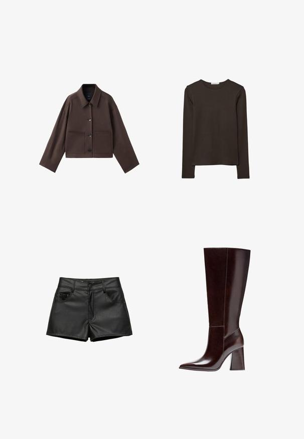 Braune, kurz geschnittene Jacke mit klassischem Kragen, großen Fronttaschen und Knopfverschluss. Hergestellt aus einem glatten Stoff mit minimalen Nähten.; Dunkelbraunes Langarmshirt aus weichem Stoff. Es verfügt über einen abgerundeten Halsausschnitt und einen geraden Saum, ohne sichtbare Muster oder Akzente.; Schwarze Shorts aus Kunstleder mit vorderem Knopf und Reißverschluss, Gürtelschlaufen und zwei Vordertaschen auf weißem Hintergrund.; Braune Leder-Knöchelstiefel mit spitzem Zehenbereich und strukturiertem Blockabsatz. Verfügt über eine klare Linienführung und minimale Nähdetails.