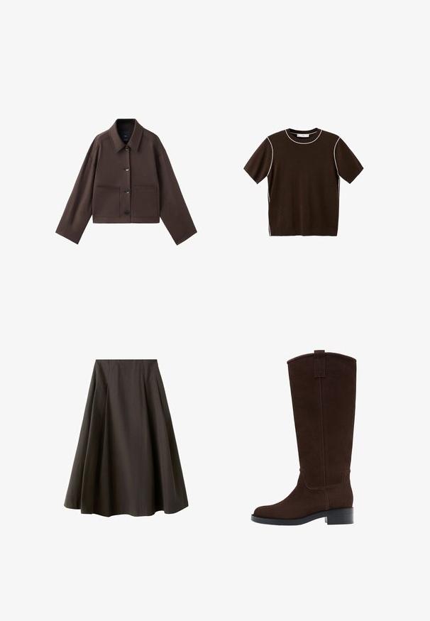 Veste brune cropped avec un col évasé, de grandes poches avant et une fermeture à boutons. Fabriquée en tissu lisse avec des coutures minimales.; Chemise en tricot à manches courtes de couleur marron foncé avec bordure blanche le long de l'encolure, des coutures d'épaule et des côtés, présentée sur un fond blanc.; Jupe noire trapèze à taille haute avec ourlet évasé, fabriquée en tissu lisse, présentée sur fond blanc.; Botte haute en daim marron foncé avec un petit talon empilé et un bout arrondi, équipée d'une lanière au sommet de la tige.