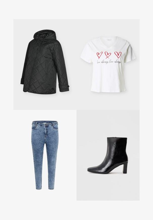 Gesteppte schwarze Kapuzenjacke mit durchgehender Knopfleiste und Seitentaschen. Verfügt über eine glatte Textur und einen Kordelzug an der Kapuze.; Weißes V-Ausschnitt-T-Shirt mit drei roten Herzen über dem Schriftzug "love always love always" in schwarzer, kursiver Schrift.; Blaue Skinny Jeans aus Denim mit hoher Taille, fünf Taschen und einem Reißverschluss. Der Stoff hat eine leicht ausgewaschene Textur mit kontrastierenden Nähten.; Schwarze Knöchelstiefel aus glänzendem Leder mit spitzem Zustand und mittelhohem Blockabsatz, mit glatter Textur und einfachem Design.
