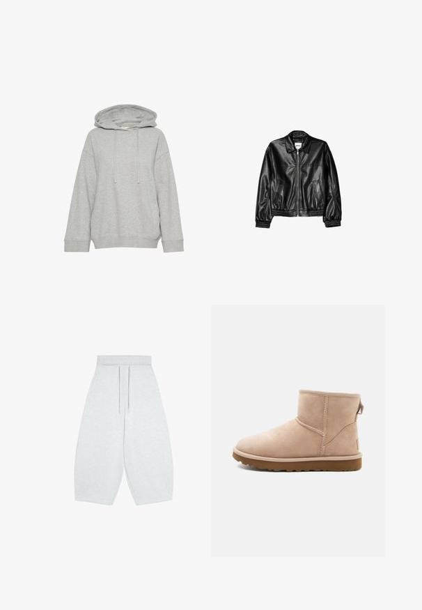 Schwarze Lederjacke mit Reißverschluss vorne, Punktkragen und elastischen Bündchen. Verfügt über zwei seitliche Taschen und eine glatte, glänzende Oberfläche.; Graue Kapuzenjacke mit einem lockeren Schnitt, ausgestattet mit langen Ärmeln, Kordelzug und gerippten Bündchen. Hergestellt aus weichem, strukturiertem Stoff.; Hellgraue, weite, gekürzte Hose mit elastischem Bund und vorderem Kordelzug, aus weichem Strickstoff gefertigt.; Beige Wildleder-Ankle Boot mit runder Zehenform, gesteppten Akzenten und einer strukturierten braunen Gummisohle. Mit einem Zugband an der Rückseite.