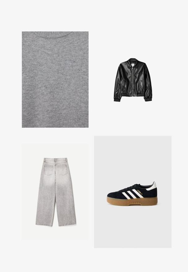 Veste en cuir noire avec fermeture éclair sur le devant, col pointu et poignets élastiques. Dispose de deux poches latérales et d'une finition lisse et brillante.; Tissu en maille gris doux avec une texture subtile et un col rond côtelé.; Jean gris clair à jambes larges, taille haute avec deux poches arrière, vu de dos sur un fond blanc uni.; Baskets en daim noir avec trois bandes blanches et logo doré. Semelle en gomme avec adhérence texturée. Design classique à tige basse, bout arrondi.