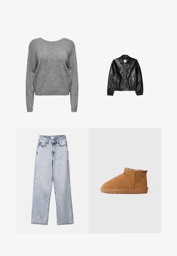 Sort læderjakke med lynlås foran, spids krave og elastiske ærmer. Har to sidelommer og en glat, blank overflade.; Blød grå strikket sweater med lange ærmer, rund halsudskæring og ribbede manchetter og kant, vist forfra på en hvid baggrund.; Lysblå lige ben jeans lavet af denim, med to frontlommer, en knaplukning og kontraststing langs sømmene.; Tan ruskinds ankelstøvle med rund tå, syede detaljer, en lille hæl og en struktureret gummisål. Bagpå har den en lille løkke-detalje.