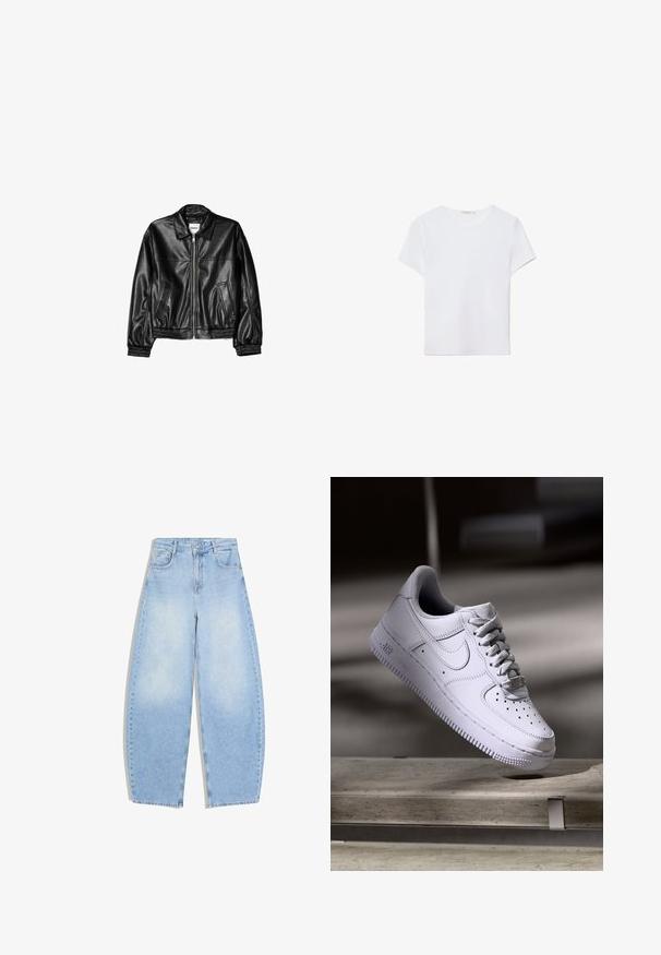 Veste en cuir noire avec fermeture éclair sur le devant, col pointu et poignets élastiques. Dispose de deux poches latérales et d'une finition lisse et brillante.; T-shirt blanc à manches courtes en tissu doux. Dispose d'un col rond et d'un design simple et épuré avec un ourlet droit.; Jean denim bleu clair taille haute à jambes larges, avec poches avant, passants pour ceinture, fermeture par bouton et zip, sur fond blanc.; Baskets Nike Air Force 1 blanches lévitant au-dessus d'une surface en béton avec des ombres dans un cadre minimaliste.