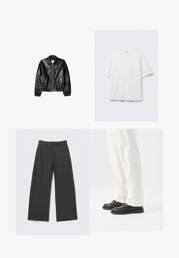 Veste en cuir noire avec fermeture éclair sur le devant, col pointu et poignets élastiques. Dispose de deux poches latérales et d'une finition lisse et brillante.; T-shirt blanc surdimensionné en coton à manches courtes avec col rond et une petite étiquette de marque à l'intérieur du col.; Pantalon gris foncé à jambes larges avec fines rayures verticales, passants de ceinture, poches latérales et fermeture éclair à l'avant.; Personne portant un pantalon blanc sur mesure et des mocassins en cuir noirs, debout sur un fond blanc.