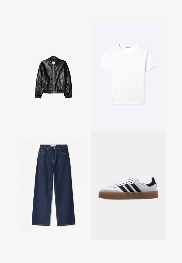 Sort læderjakke med lynlås foran, spids krave og elastiske ærmer. Har to sidelommer og en glat, blank overflade.; Ensfarvet hvid t-shirt med korte ærmer og rund halsudskæring med en lille "WEEKDAY" label indeni halskanten, vist fladt på en lys baggrund.; Mørkeblå brede jeans i denimstof med hvide syninger, har to frontlommer og en klassisk knaplukning.; Hvide lædersneakers med sorte striber, gummirubber sål, rund tå, snørelukning og blød grå ruskinds tåhætte.