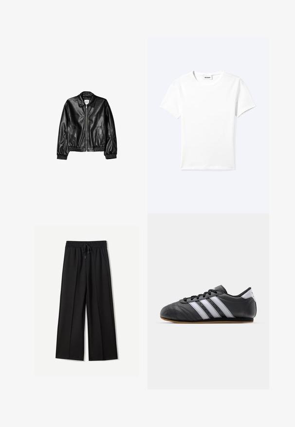 Zwarte leren jas met een ritssluiting aan de voorkant, puntkraag en elastische mouwen. Bevat twee zijzakken en heeft een gladde, glanzende afwerking.; Effen wit T-shirt met korte mouwen en ronde hals met een klein "WEEKDAY" label aan de binnenkant van de hals, plat neergelegd op een lichte achtergrond.; Zwarte wijde broek van zachte stof. Voorzien van een elastische tailleband met een trekkoord en twee zijzakken. Platte voorkant met plooien.; Zwarte leren sportschoen met witte strepen, ronde neus, platte zool en vetersluiting. Bevat perforaties voor ademend vermogen.