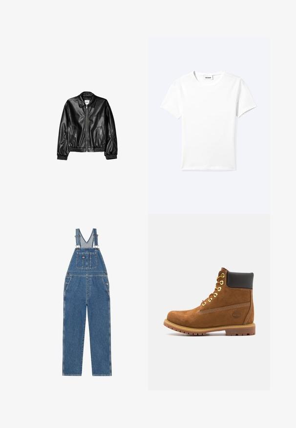 Zwarte leren jas met een ritssluiting aan de voorkant, puntkraag en elastische mouwen. Bevat twee zijzakken en heeft een gladde, glanzende afwerking.; Effen wit T-shirt met korte mouwen en ronde hals met een klein "WEEKDAY" label aan de binnenkant van de hals, plat neergelegd op een lichte achtergrond.; Denim tuinbroek met verstelbare schouderbanden, V-vormige bies, voorzak en zijzakken. Heeft een klassieke blauwe kleur en contrasterende stiksels.; Bruine suède enkellaars met zwarte gewatteerde kraag, gouden oogjes, vetersluiting aan de voorkant en een rubberen zool met een gestructureerd patroon.
