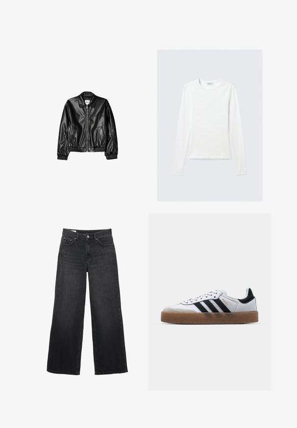 Veste en cuir noire avec fermeture éclair sur le devant, col pointu et poignets élastiques. Dispose de deux poches latérales et d'une finition lisse et brillante.; T-shirt blanc uni à manches longues avec col rond et coupe slim, présenté sur un fond gris clair.; Jean noir à jambes larges avec taille haute, fermeture à boutons et fermeture éclair à l'avant, passants pour ceinture et conception à cinq poches.; Baskets en cuir blanc avec des rayures noires, semelle extérieure en caoutchouc beige, bout rond, fermeture lacée et embout en suède gris doux.