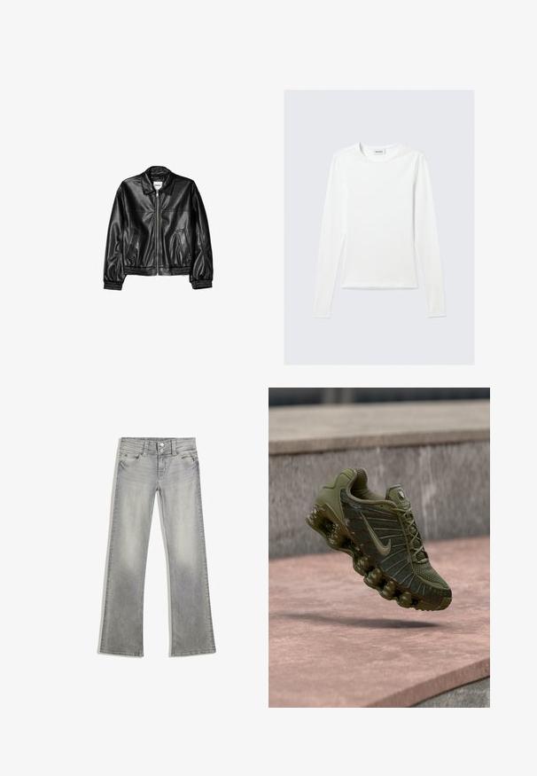 Sort læderjakke med lynlås foran, spids krave og elastiske ærmer. Har to sidelommer og en glat, blank overflade.; Langærmet, enkel hvid T-shirt med rund halsudskæring og tætsiddende pasform, vist mod en lysegrå baggrund.; Grå denim flared jeans med en afdæmpet finish, der har en knaplukning, fem lommer og syet detaljering langs taljebåndet og kanten.; Nike-sneaker i olivengrøn med mesh-øverdel, teksturerede paneler, polstret sål og synlig luftpolstring for komfort.