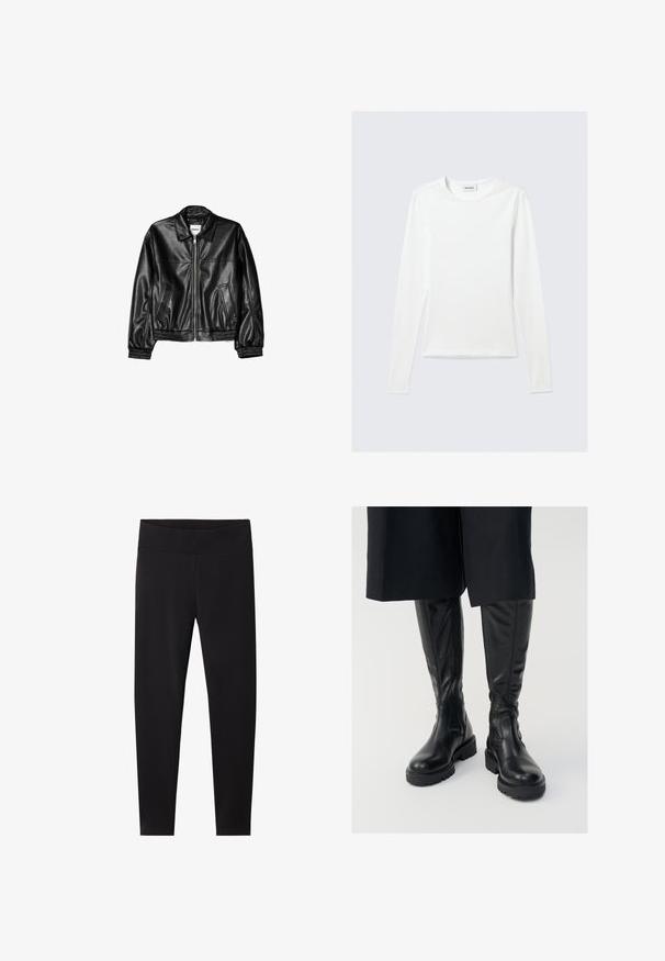 Veste en cuir noire avec fermeture éclair sur le devant, col pointu et poignets élastiques. Dispose de deux poches latérales et d'une finition lisse et brillante.; T-shirt blanc uni à manches longues avec col rond et coupe slim, présenté sur un fond gris clair.; Leggings noirs avec une large ceinture élastique. Fabriqués dans un matériau lisse et extensible, ajustés pour une silhouette cintrée et sans motifs visibles.; Bottes noires en cuir montant jusqu'au genou, avec une texture lisse, des semelles épaisses et des zippers sur le côté. Le design présente des détails de coutures subtils.