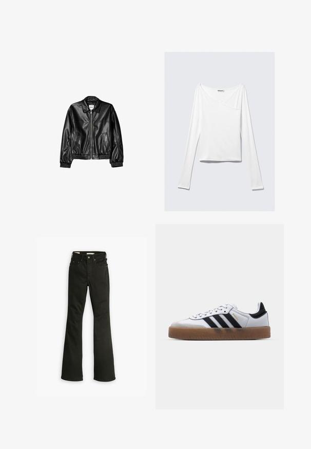 Schwarze Lederjacke mit Reißverschluss vorne, Punktkragen und elastischen Bündchen. Verfügt über zwei seitliche Taschen und eine glatte, glänzende Oberfläche.; Weißes Langarmoberteil mit einem Überlappungsdesign und einer Tasche. Hergestellt aus einem glatten, elastischen Material. In einem lässigen, entspannten Schnitt.; Schwarze Schlagjeans aus Denim. Verfügt über ein klassisches Fünf-Taschen-Design mit Reißverschluss, robuster Naht und sauberem Saum.; Weiße Leder Sneakers mit schwarzen Streifen, Gummigummi-Außensohle, runder Zehenform, Schnürverschluss und weichem grauem Wildleder-Zehenkappe.