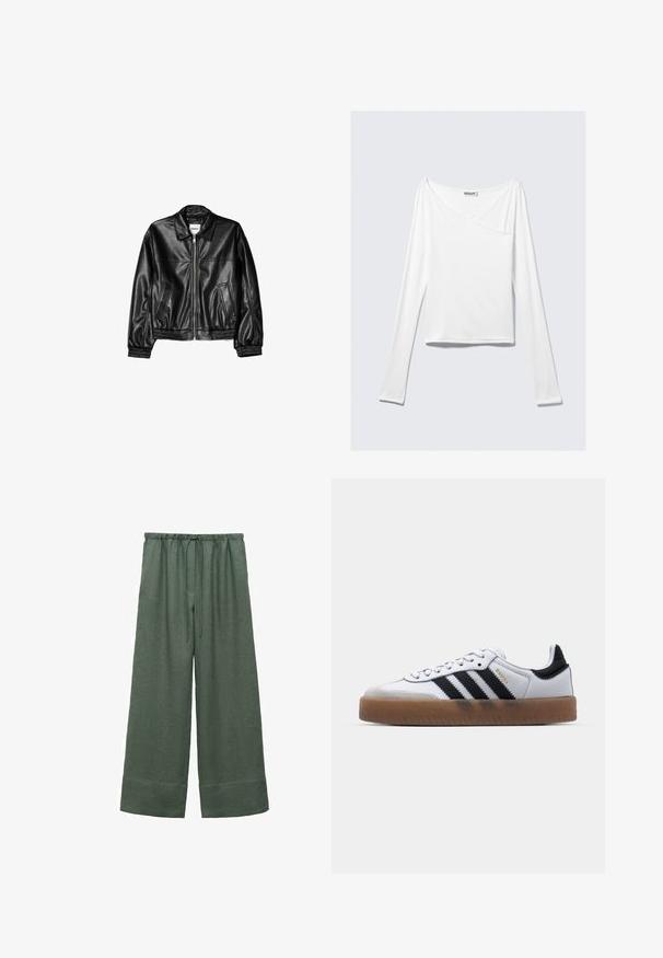 Veste en cuir noire avec fermeture éclair sur le devant, col pointu et poignets élastiques. Dispose de deux poches latérales et d'une finition lisse et brillante.; Haut blanc à manches longues avec un design croisé et une poche. Fabriqué dans un tissu lisse et extensible. Coupé dans une coupe décontractée et ample.; Pantalons larges en lin vert avec une taille à cordon, présentant une texture lisse et un ourlet cropped.; Baskets en cuir blanc avec des rayures noires, semelle extérieure en caoutchouc beige, bout rond, fermeture lacée et embout en suède gris doux.