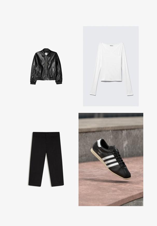Veste en cuir noire avec fermeture éclair sur le devant, col pointu et poignets élastiques. Dispose de deux poches latérales et d'une finition lisse et brillante.; Haut blanc à manches longues avec un design croisé et une poche. Fabriqué dans un tissu lisse et extensible. Coupé dans une coupe décontractée et ample.; Pantalon noir court à jambes droites, taille plate avec ceinture, sans poches visibles, présenté sur fond blanc.; Baskets en cuir noir avec des rayures blanches et une semelle blanche, lacées, flottant au-dessus d'une surface en béton rosée avec un mur en pierre grise en arrière-plan.