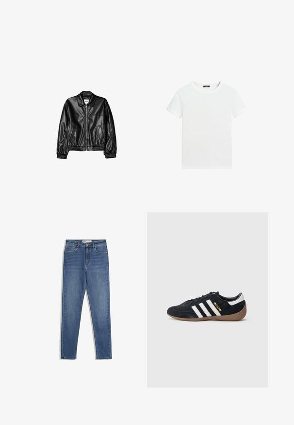 Schwarze Lederjacke mit Reißverschluss vorne, Punktkragen und elastischen Bündchen. Verfügt über zwei seitliche Taschen und eine glatte, glänzende Oberfläche.; Schlichtes weißes T-Shirt mit kurzen Ärmeln, rundem Halsausschnitt und einem kleinen schwarzen Etikett innen am Kragen.; Blaue Denim-Jeans mit hoher Taille, slim Fit, Fronttaschen, Reißverschluss und kontrastierenden Nähten. Strukturierte Gestaltung mit glatter Textur.; Schwarzer Veloursleder-Sneaker mit drei weißen Streifen, Gummisohle und einem kleinen goldenen Logo an der Seite. Verfügt über ein glattes schwarzes Innenfutter.