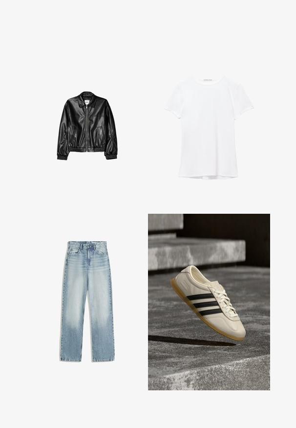 Zwarte leren jas met een ritssluiting aan de voorkant, puntkraag en elastische mouwen. Bevat twee zijzakken en heeft een gladde, glanzende afwerking.; Witte short-sleeve t-shirt van gladde stof, met een ronde halslijn en subtiele stiksels bij de zoom.; Lichtblauwe denim jeans, hoog in de taille, met een recht model. Bevat klassieke vijf-pocket styling en subtiele vervaging aan de voorkant.; Witte sneaker met zwarte strepen en rubberen zool zwevend boven betonnen trap in zacht daglicht.