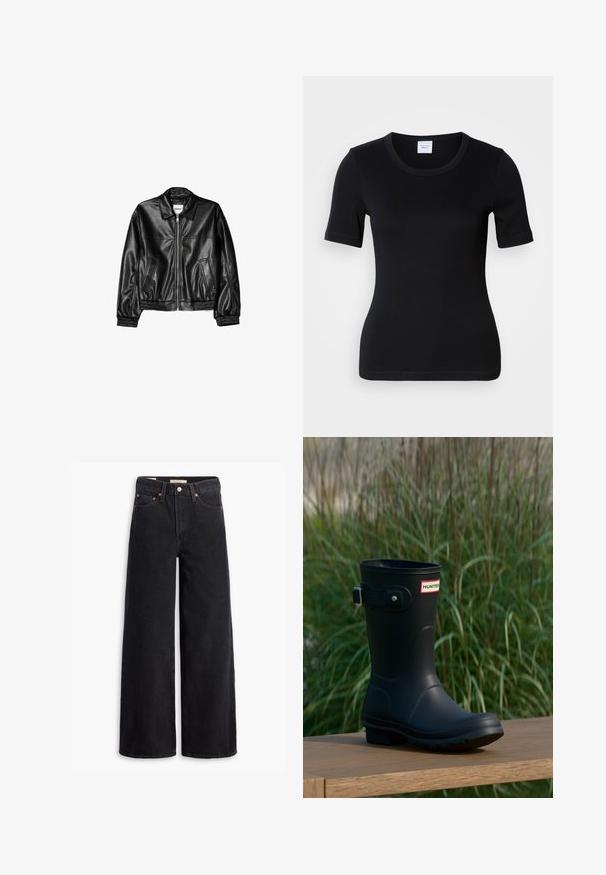 Veste en cuir noire avec fermeture éclair sur le devant, col pointu et poignets élastiques. Dispose de deux poches latérales et d'une finition lisse et brillante.; T-shirt noir à manches courtes en coton doux. Il présente un col rond et une coupe ajustée avec des détails de couture minimalistes.; Jean noir à jambe large en denim, comportant cinq poches, des rivets en laiton et une fermeture à bouton classique. Texture lisse avec un design épuré.; Botte de pluie en caoutchouc noir avec une finition brillante, dotée d'une boucle argentée et d'un écusson de logo. La semelle est texturée pour une meilleure adhérence.