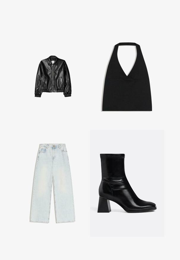 Veste en cuir noire avec fermeture éclair sur le devant, col pointu et poignets élastiques. Dispose de deux poches latérales et d'une finition lisse et brillante.; Haut court noir à col licou avec un profond décolleté en V et une large bretelle autour du cou sur fond blanc.; Jean large bleu clair avec cinq poches, passants pour ceinture et fermeture à bouton sur la ceinture avant.; Bottine en cuir noir avec talon bloc carré et bout arrondi, vue latérale sur fond clair uni.
