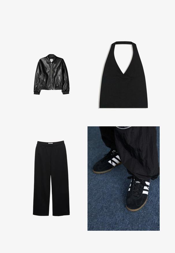 Veste en cuir noire avec fermeture éclair sur le devant, col pointu et poignets élastiques. Dispose de deux poches latérales et d'une finition lisse et brillante.; Haut court noir à col licou avec un profond décolleté en V et une large bretelle autour du cou sur fond blanc.; Pantalons noirs à jambes larges avec une taille élastique, présentant une texture lisse et deux plis avant pour un détail supplémentaire.; Des chaussures de sport en suède noir avec trois rayures blanches et des lacets noirs. Un pantalon noir texturé est partiellement visible à côté des chaussures.